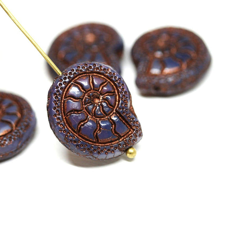 4pc Dark purple Czech glass snail beads, Nautilus fossil shell