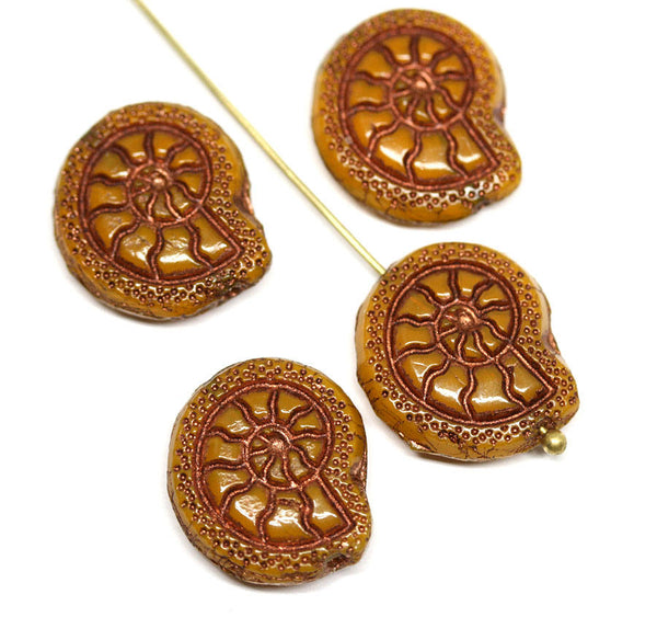 2pc Ocher Yellow Czech glass Snail beads, Nautilus, Fossil