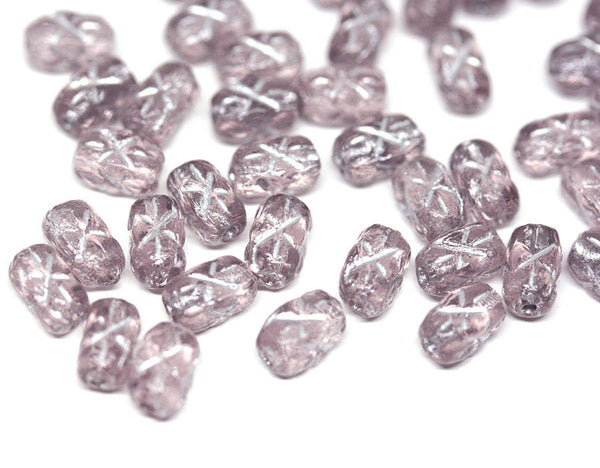 6x4mm Light Purple czech glass rice beads, Silver stars ornament small oval beads, 50pc