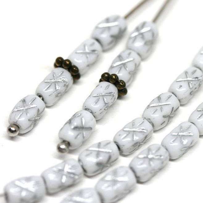 6x4mm White czech glass rice beads Silver stars ornament small oval beads - 50pc