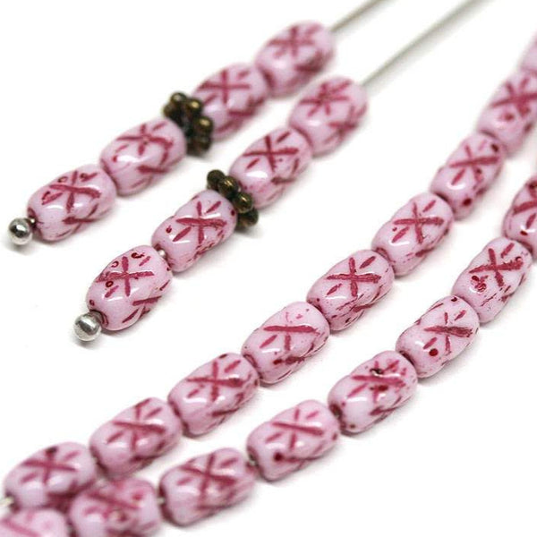 6x4mm White czech glass rice beads Purple Red stars ornament small oval beads - 50pc