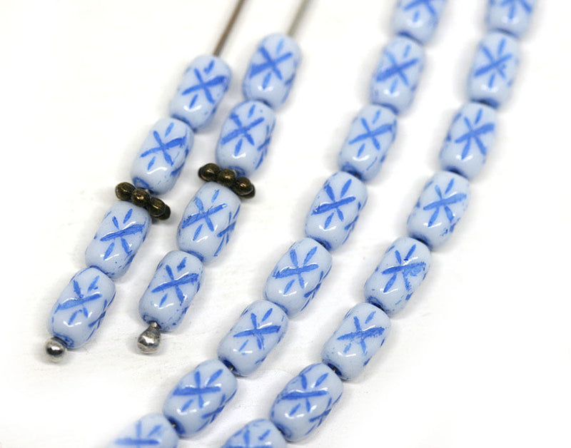 6x4mm White czech glass rice beads Blue stars ornament small oval beads 30pc