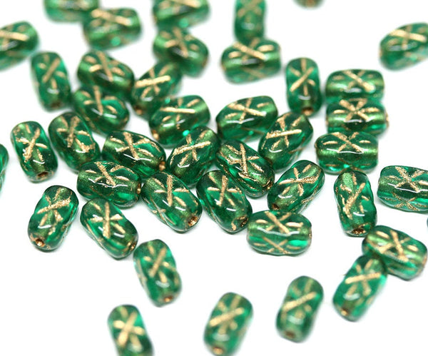 6x4mm Green czech glass rice beads Golden stars ornament small oval beads - 50pc