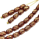 6x4mm Red czech glass rice beads Golden stars ornament small oval beads - 50pc