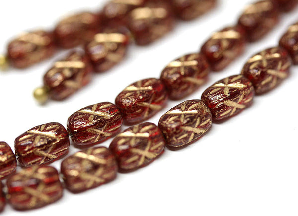 6x4mm Red czech glass rice beads Golden stars ornament small oval beads - 50pc