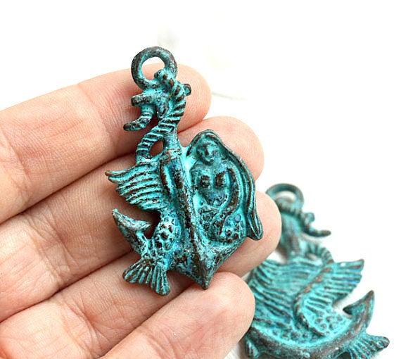 Green Patina Mermaid on Anchor pendant