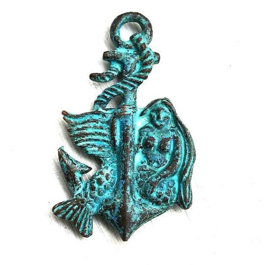 Green Patina Mermaid on Anchor pendant