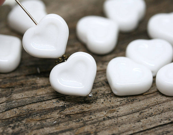 14mm White Heart beads, Czech glass Opaque White - 10pc