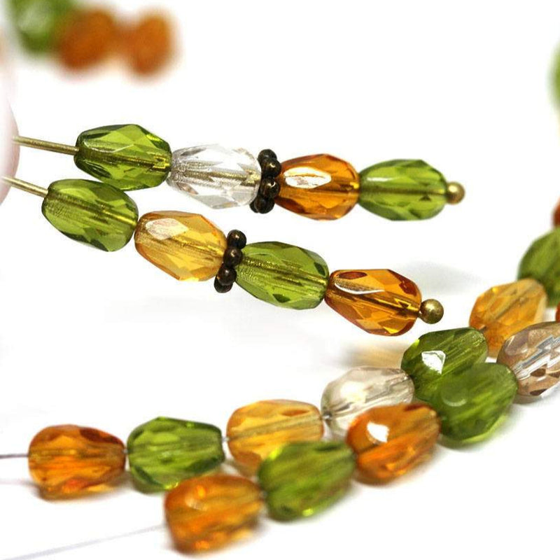 40pc Woodland colors teardrop beads mix, Brown Topaz, Olive green - 7x5mm