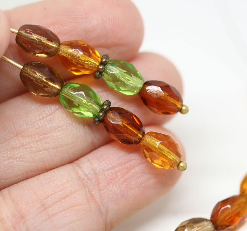 8x6mm Woodland colors czech glass beads mix, oval fire polished beads - 30Pc