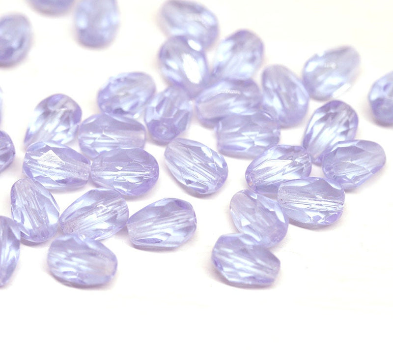 40pc Lilac teardrop beads mix, Czech glass fire polished pear beads - 7x5mm