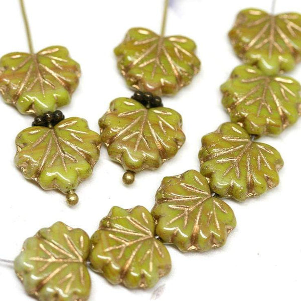 11x13mm Yellow green leaf beads Maple glass leaves Golden wash 10pc