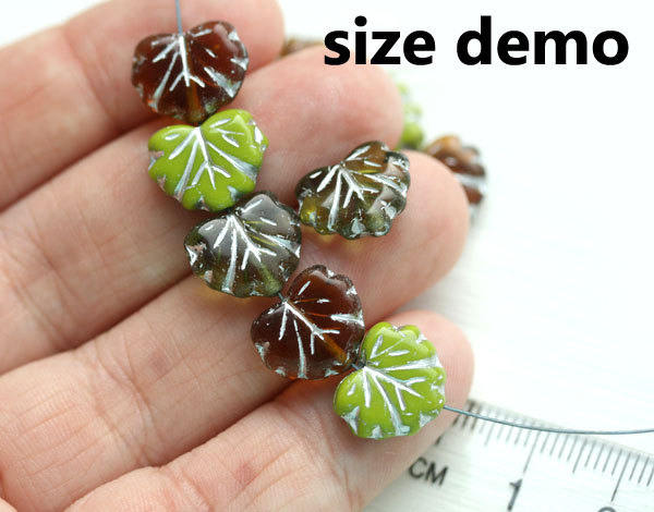 11x13mm Yellow green glass leaf beads Maple leaves Green inlays czech beads - 10pc