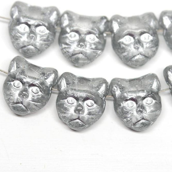 8pc Gray Cat beads Grey Silver czech glass beads