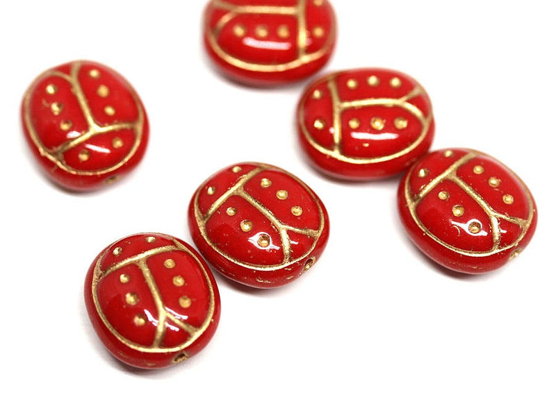6Pc Red glass ladybug bead Golden dots Red Gold czech glass beads - 13mm