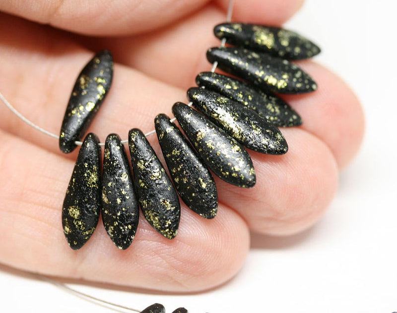 20pc Black dagger beads Black Gold czech glass beads - 5x16mm