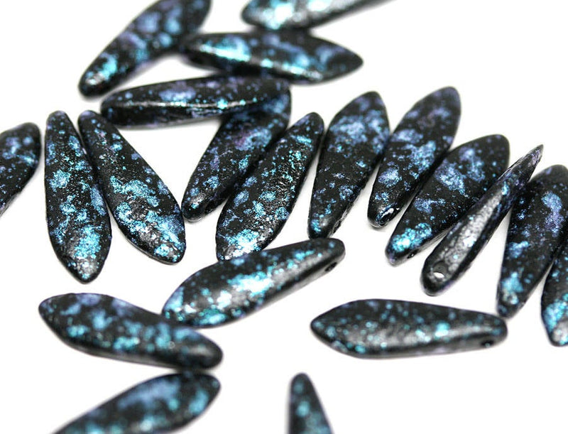 20pc Black dagger beads Black Blue czech glass beads - 5x16mm
