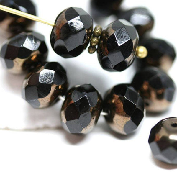 6x8mm Black rondelle czech glass beads, Dark Gold luster - 12Pc