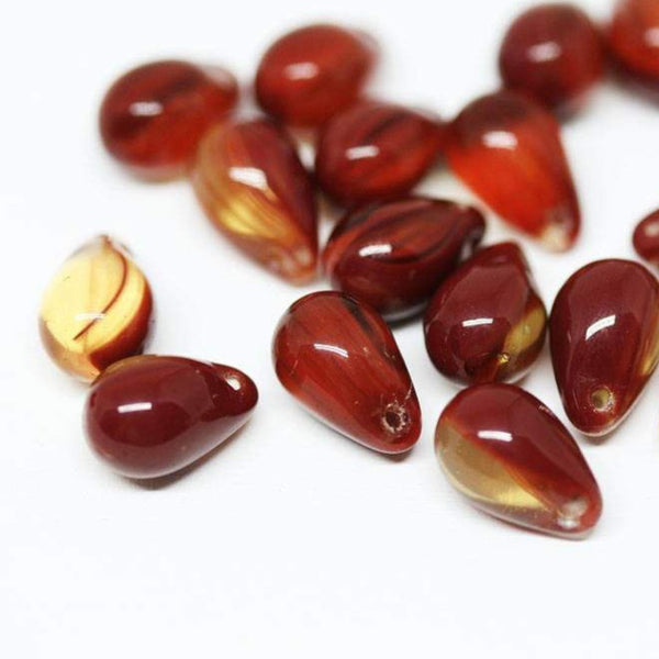 20Pc Red Yellow drop beads, Dark Red czech glass - 6x9mm