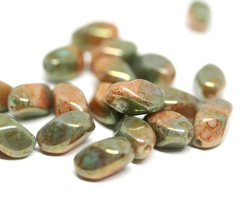 11x7mm Brown Green oval Mixed color czech glass barrel beads, 20Pc