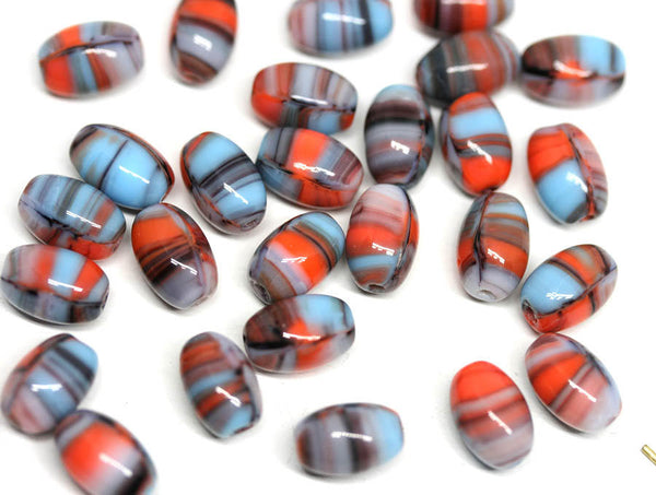 9x6mm Red Blue oval beads, Mixed color czech glass barrel beads, 30Pc