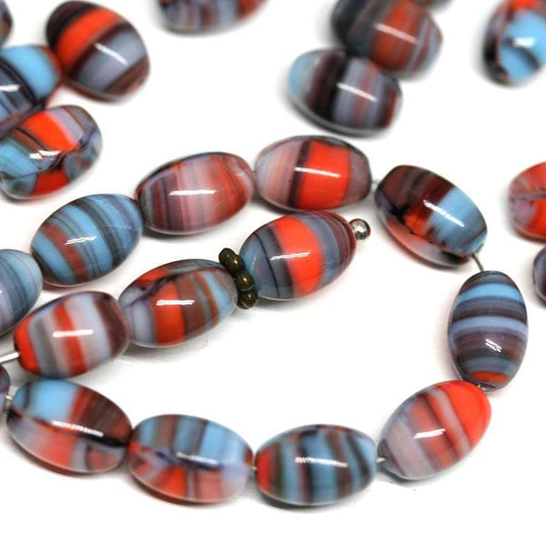 9x6mm Red Blue oval beads, Mixed color czech glass barrel beads, 30Pc