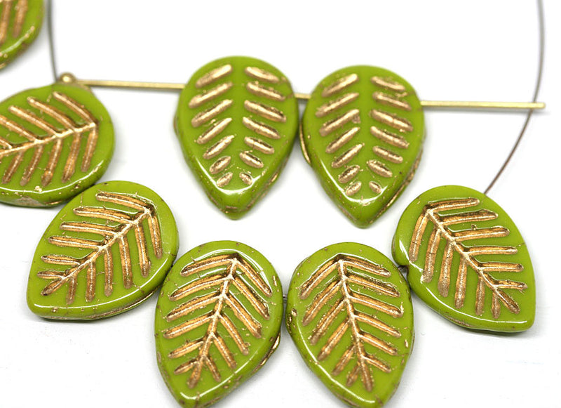 12x16mm Green Side drilled leaf beads Gold wash czech glass beads 8pc
