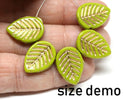 12x16mm Olive green side drilled leaf beads, Green glass leaves 10pc