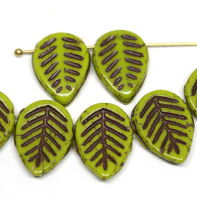 12x16mm Picasso green Side drilled leaf czech glass beads 8pc