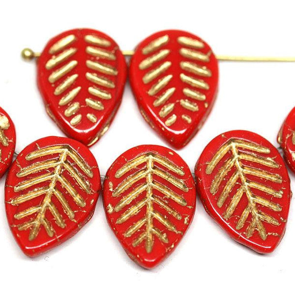 12x16mm Red Side drilled leaf beads Gold wash 8pc