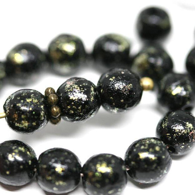 6mm Black glass beads Golden flakes Czech glass druk round spacers - 30Pc