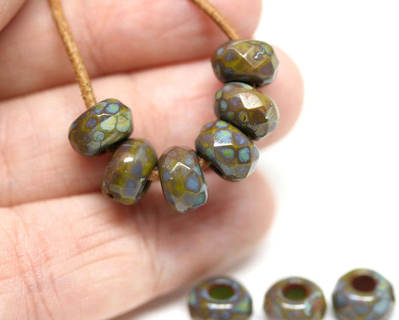 3mm hole Rondelle beads Dark Green glass beads Brown Picasso Fire polished - 10Pc