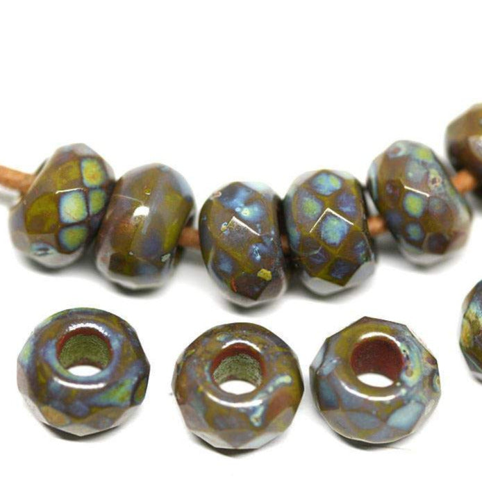 3mm hole Rondelle beads Dark Green glass beads Brown Picasso Fire polished - 10Pc