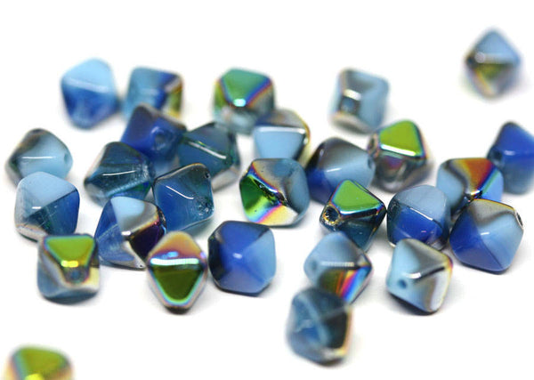 6mm Mixed Blue bicone beads Rainbow luster Czech glass Metallic - 30Pc