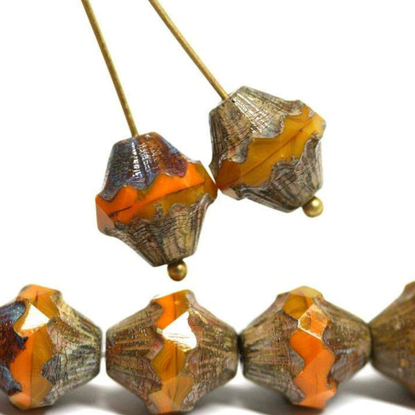11x10mm Yellow Orange bicone beads Baroque czech glass Picasso Fire polished - 4pc