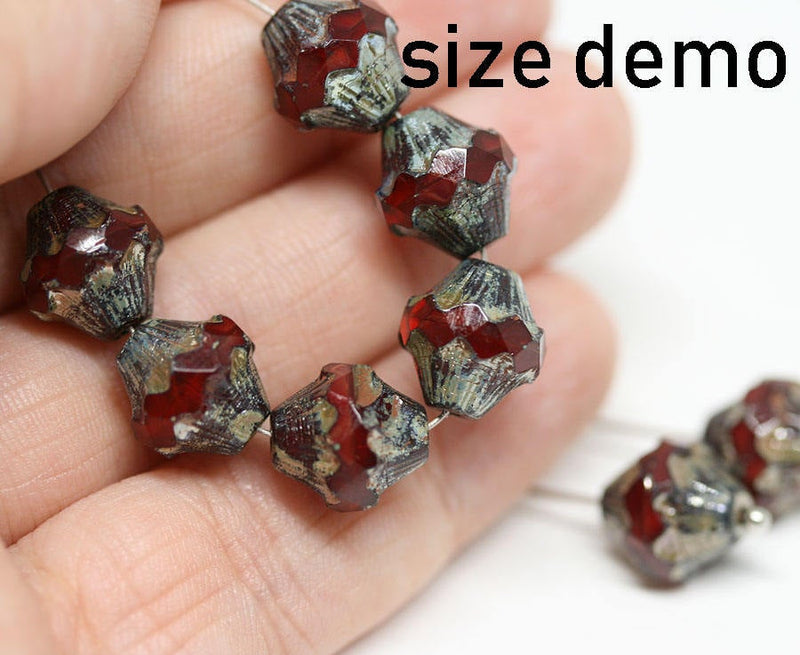 11x10mm  Dark red Baroque czech glass Picasso beads Fire polished - 4pc