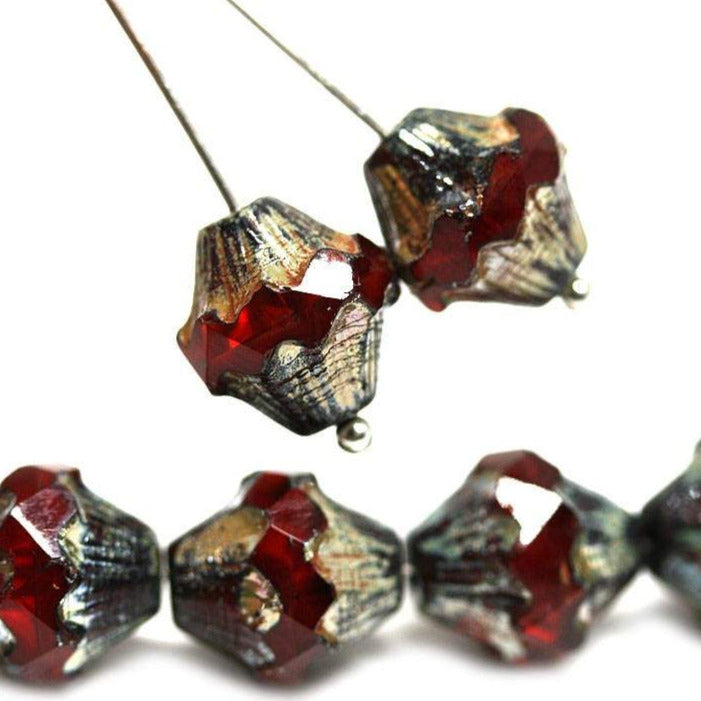 11x10mm  Dark red Baroque czech glass Picasso beads Fire polished - 4pc