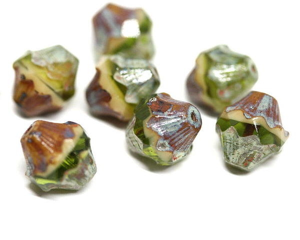 11x10mm Green Brown bicone beads Baroque czech glass Picasso beads Fire polished - 4pc