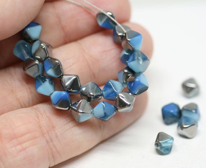 6mm Blue Glass Bicone beads Gunmetal luster Czech glass bicone - 30Pc