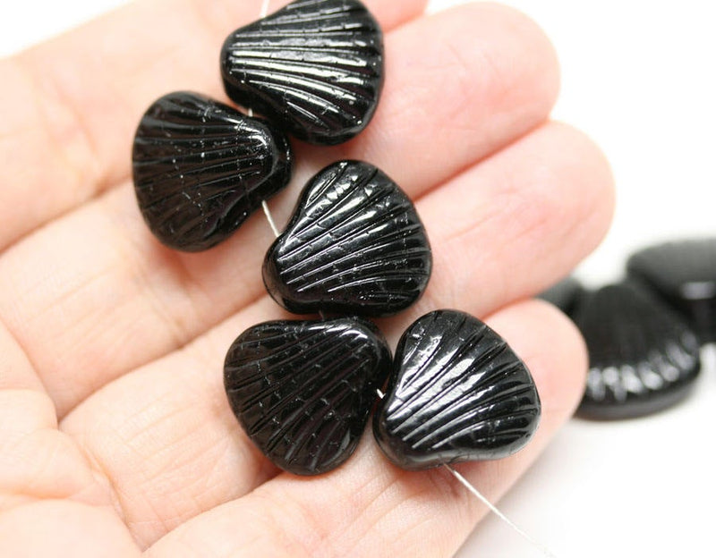 10Pc Black Shell bead Jet black glass shell Czech glass beads - 15mm