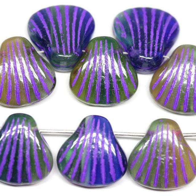 5Pc Blue Purple Glass Shell beads Mix Dark Blue Czech glass beads - 15mm