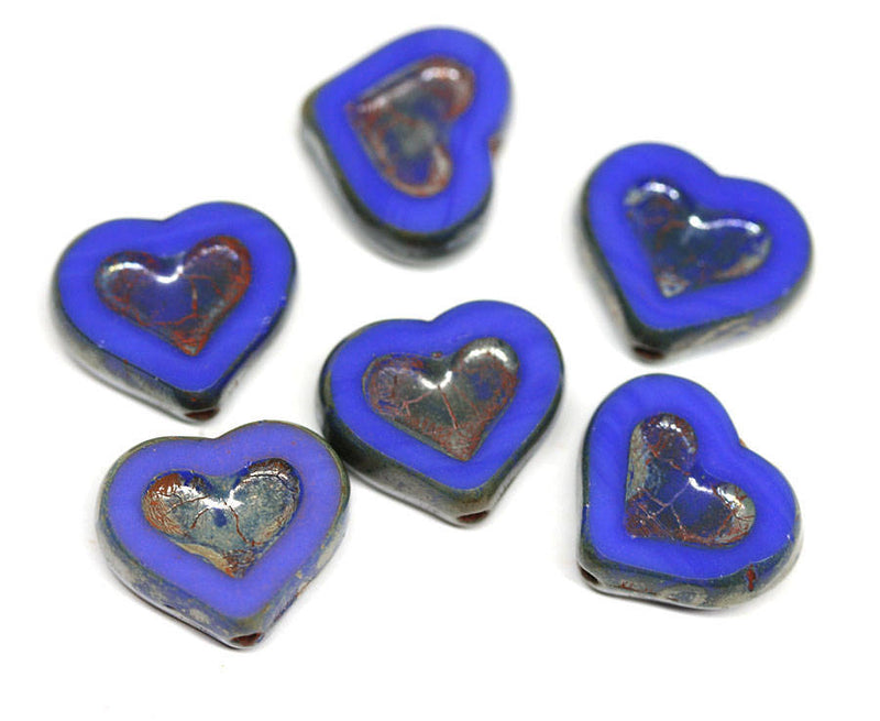 14mm Dark Blue Heart beads Picasso czech glass - 6Pc
