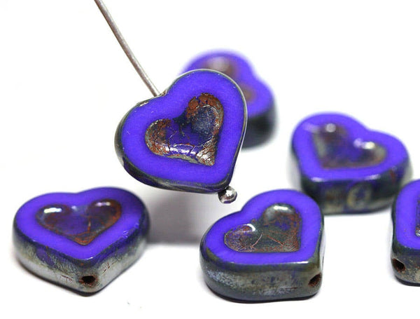 14mm Dark Blue Heart beads Picasso czech glass - 6Pc