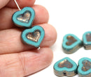 14mm Turquoise green Heart czech glass beads Metallic luster - 6Pc