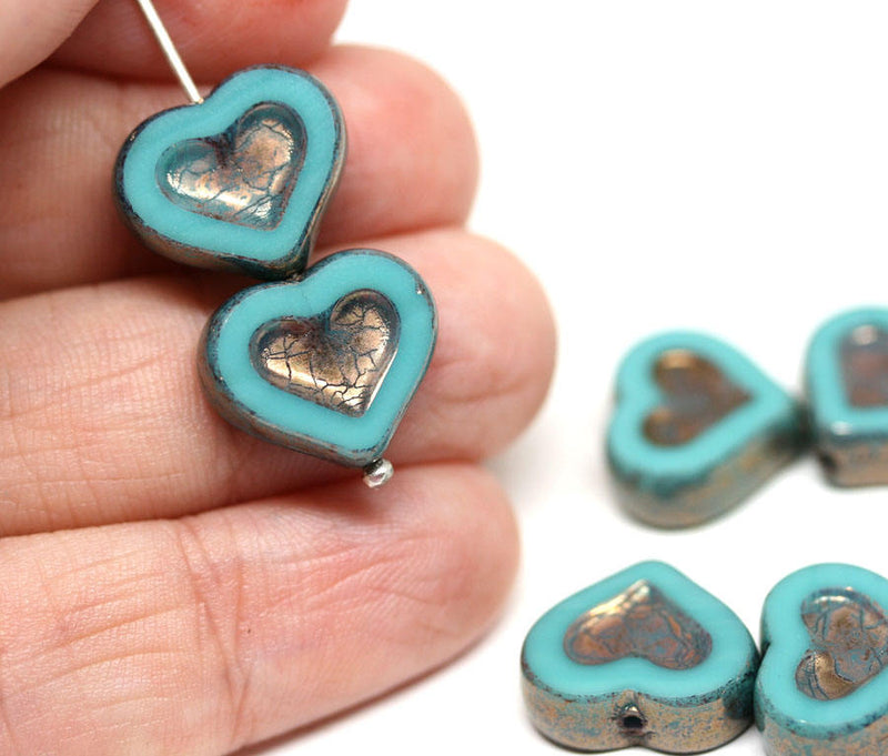 14mm Turquoise green Heart czech glass beads Metallic luster - 6Pc
