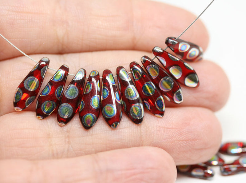 15pc Red dagger beads Christmas jewelry Vitrail Red czech glass beads  - 5x16mm