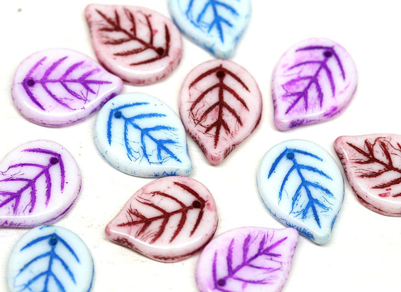 18mm Large leaf beads mix White czech glass leaves top drilled - 12Pc