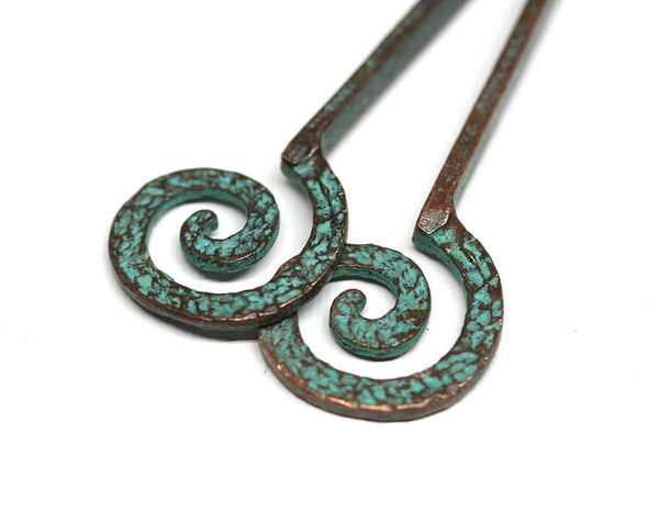 70mm Green patina long copper spiral hammered pendants 2pc