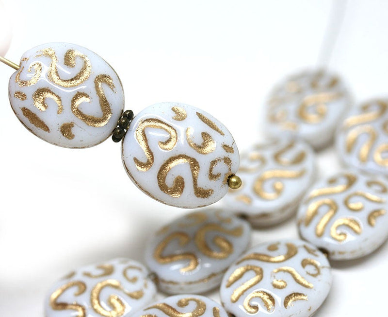 17mm White Gold glass beads with golden ornament - 8Pc