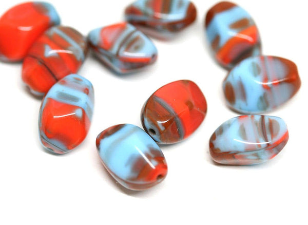 13x9mm Blue Red twisted czech glass barrel beads 8Pc